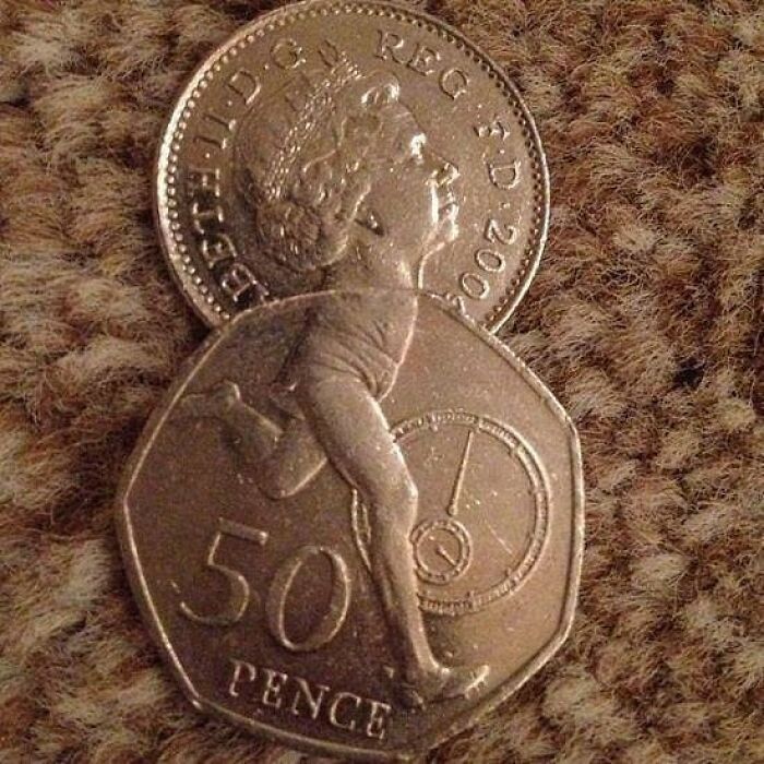 Two coins arranged to create a confusing and unhinged image of a running person combining heads and legs details.