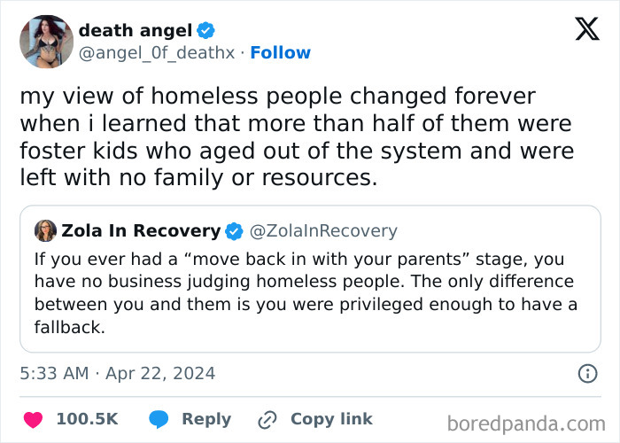 Tweet discussing the life experiences of homeless people and foster kids shedding light on life in America.