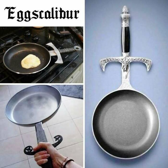 Kitchen frying pan designed like a sword hilt, blending cooking utensils with confusing and unhinged imagery.