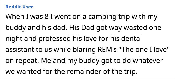 Reddit user's story about dads and kids sharing secrets while on a camping trip, highlighting hidden moments.
