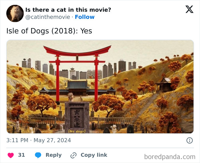 A tweet showing a screenshot from Isle of Dogs (2018) with a cat from @catinthemovie account. Tracking every cat in cinema.