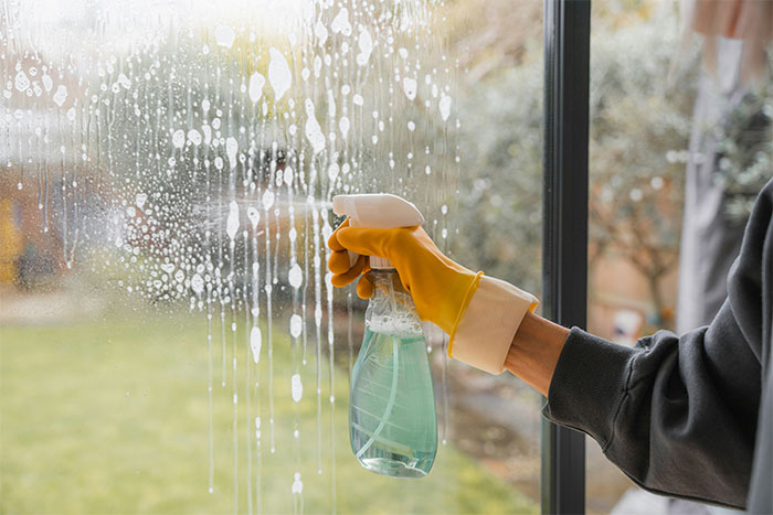 Woman cleaning a window wearing yellow gloves with spray bottle, hinting at a crazy story about her mom like a soap opera.