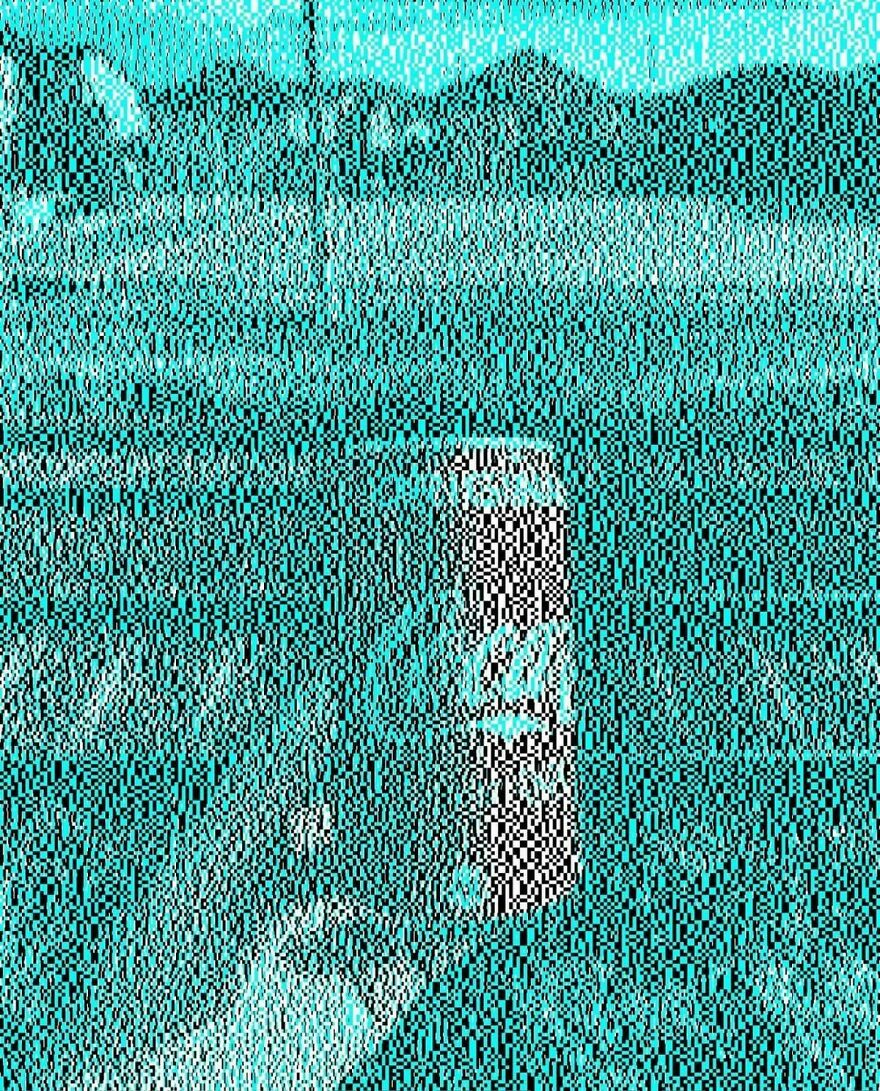 Pixelated teal and black image of a distorted Coca-Cola can in a landscape, a brain-bending optical illusion.