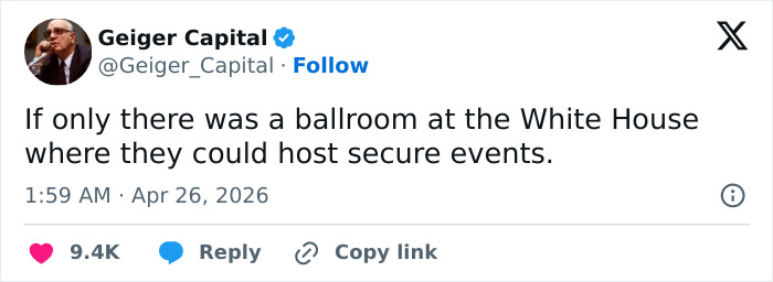 A tweet from Geiger Capital regarding a major security incident at White House dinner, referencing a ballroom.