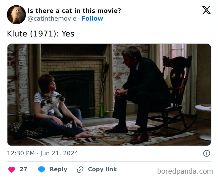 A woman holds a calico cat in Klute (1971) while a man sits in a rocking chair nearby. Discover every cat in cinema.