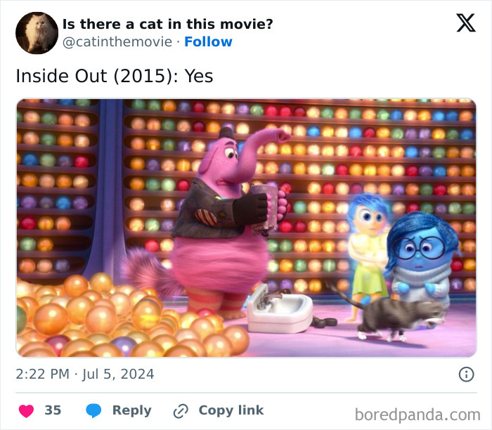 Screenshot of a tweet showing a cat in Cinema's Inside Out. Bing Bong, Joy, and Sadness observe a small tabby cat.