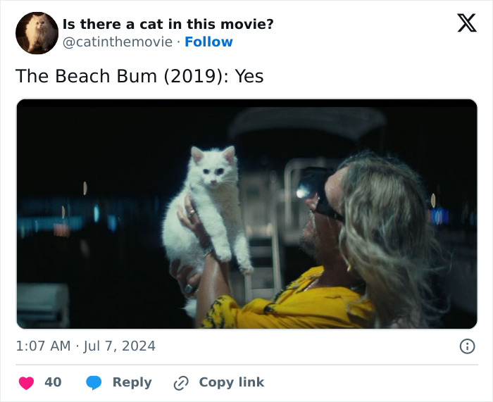 A person holding a white cat in cinema from the movie The Beach B*m, tracking every cat in cinema.