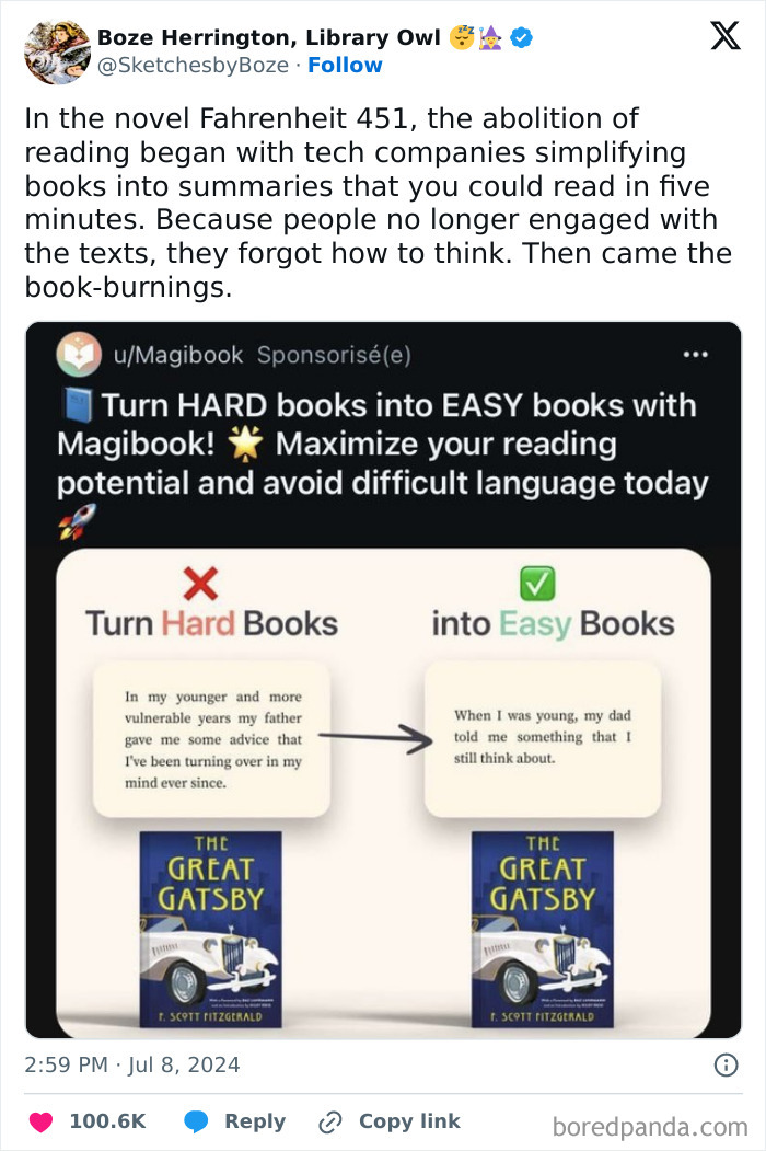 Social media post about simplifying classic books, highlighting depressing posts on reading habits in the stupidest time in history.