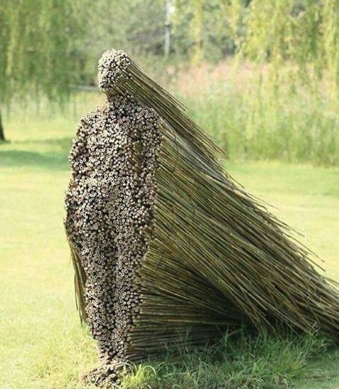 Sculpture of a human figure made from bundled sticks and reeds, a confusing and unhinged image in nature.