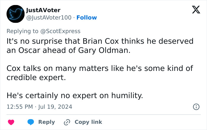 Tweet criticizing Brian C*x for his unhinged comments and backlash involving Margot Robbie and Daniel Day-Lewis.