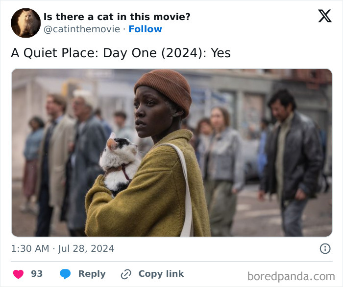 A woman in a brown hat and green coat holding a black and white cat in cinema, surrounded by people.