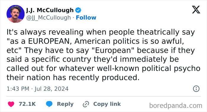 Tweet by J.J. McCullough discussing American politics and European perspectives on life in America.