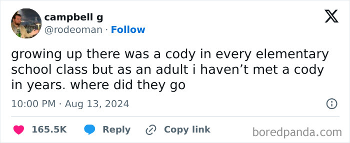 Tweet by campbell g reflecting on strangely specific and relatable experiences about common childhood names no longer seen as adults.
