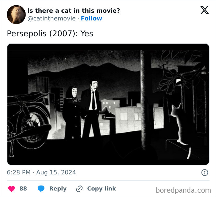 Black and white animation from Persepolis (2007) featuring a couple and a cat in cinema. Tracks every cat in cinema.