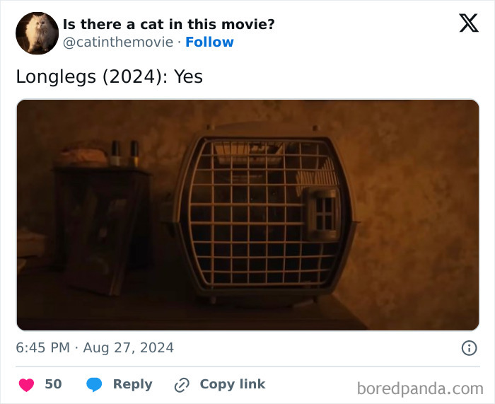 A tweet from @catinthemovie shows a pet carrier, confirming a cat in cinema. Tracks every cat in film.