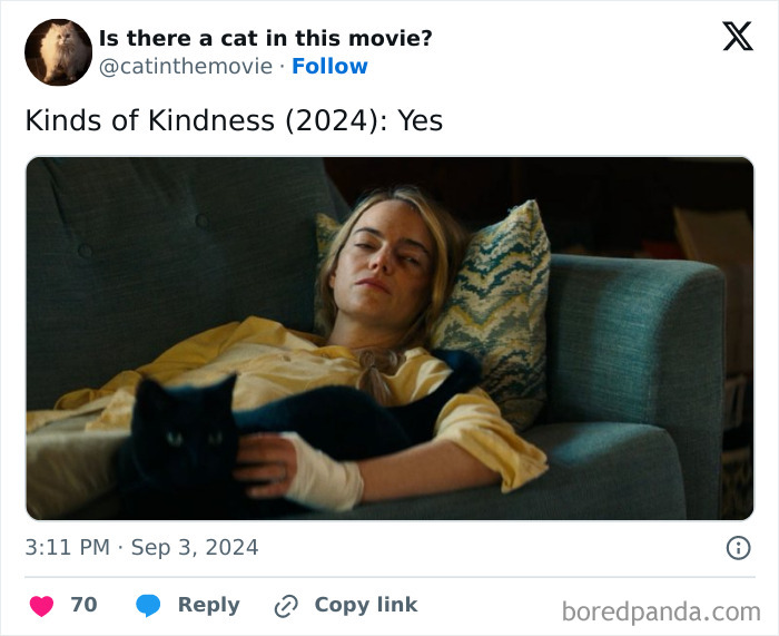 A woman with a bandaged arm rests on a sofa, petting a black cat. A cinema cat spotted!