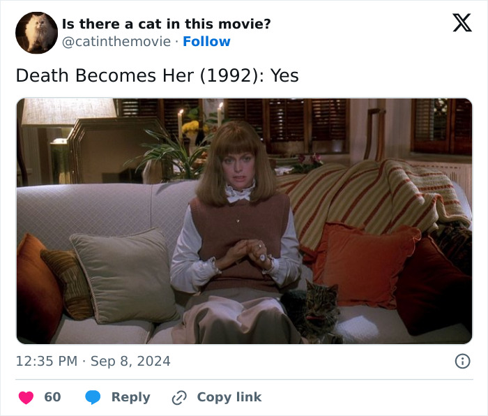 A woman sits on a couch, a cat in cinema lies beside her. It's a scene from D***h Becomes Her (1992).