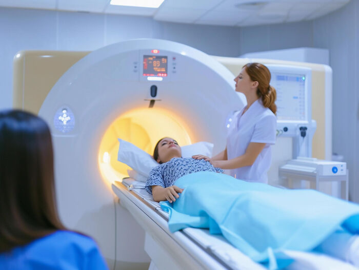 Patient undergoing MRI scan with medical staff assisting, highlighting random facts people learned about their bodies.