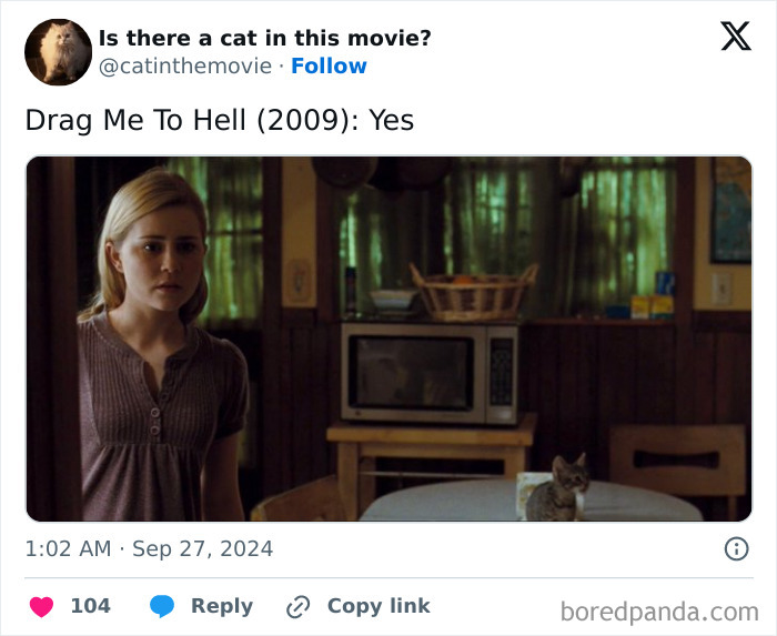 A scene from Drag Me To Hell featuring a woman and a small cat in cinema, confirming a feline presence.