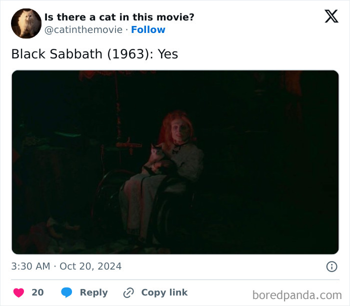 A woman in a dark scene holds a cat, confirming a cat in cinema. From Black Sabbath (1963).