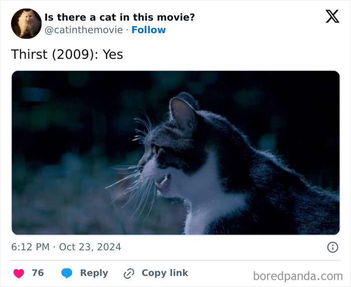 A cat in cinema, specifically from Thirst (2009), showing its profile with an open mouth, likely meowing or hissing.