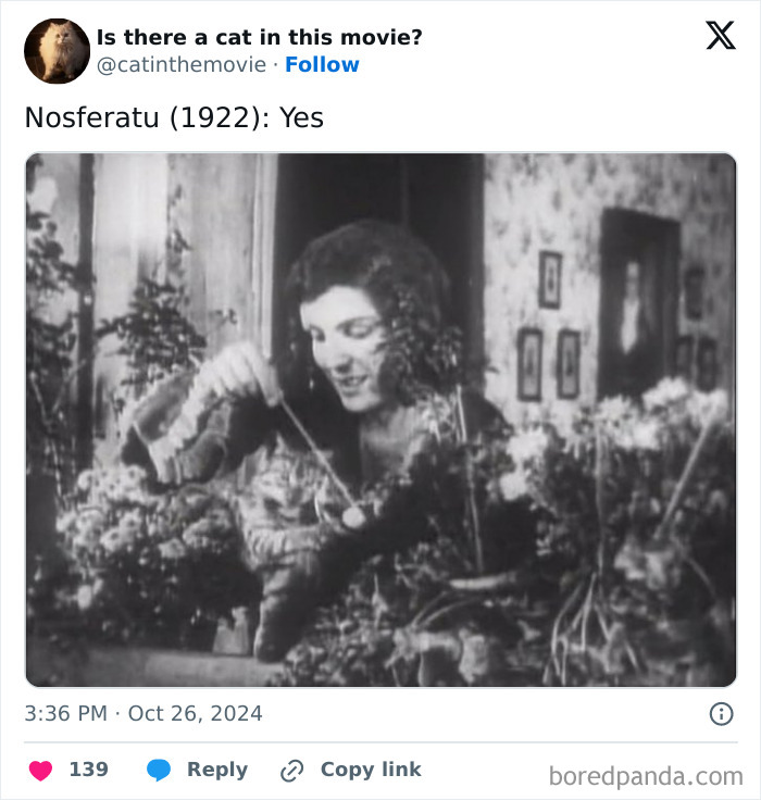 Black and white screenshot from Nosferatu (1922) showing a woman petting a cat in cinema amongst plants.