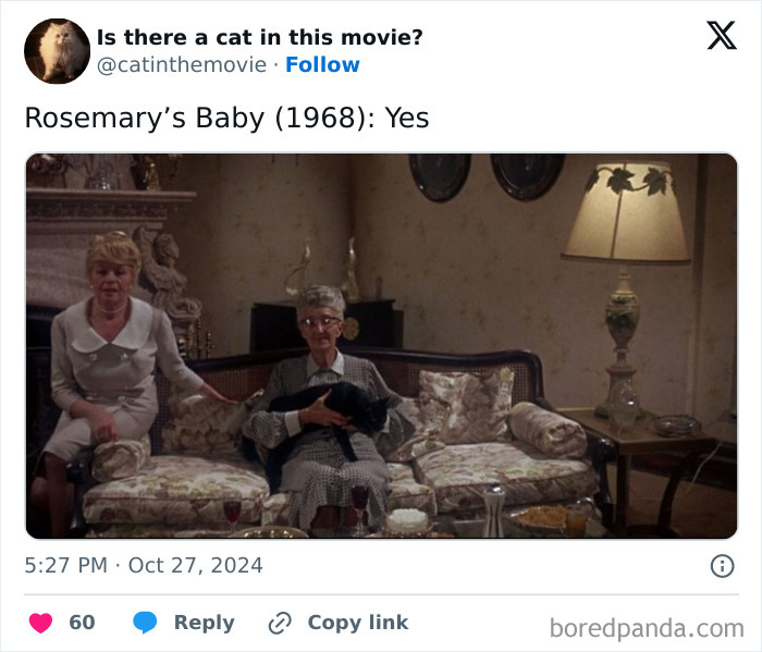 Two women on a couch, one holding a black cat in cinema from Rosemary's Baby, part of a "cats in cinema" list.