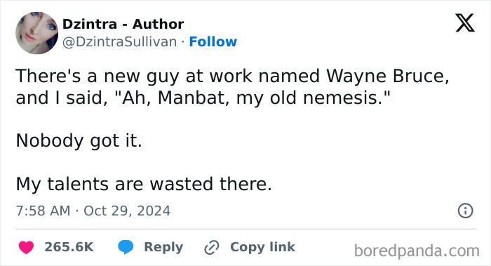 A USA meme featuring a tweet about a new coworker named Wayne Bruce and a Batman joke that nobody understood.