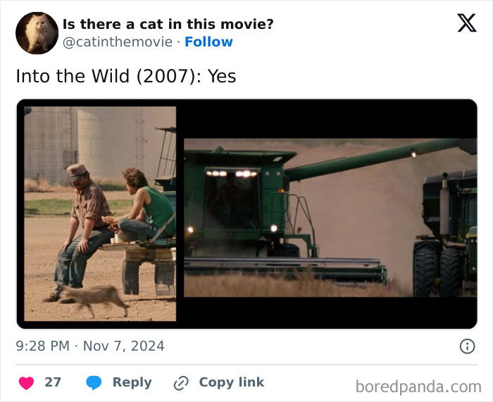 Still from Into the Wild (2007) showing a cat running past two men. Tracks every cat in cinema.