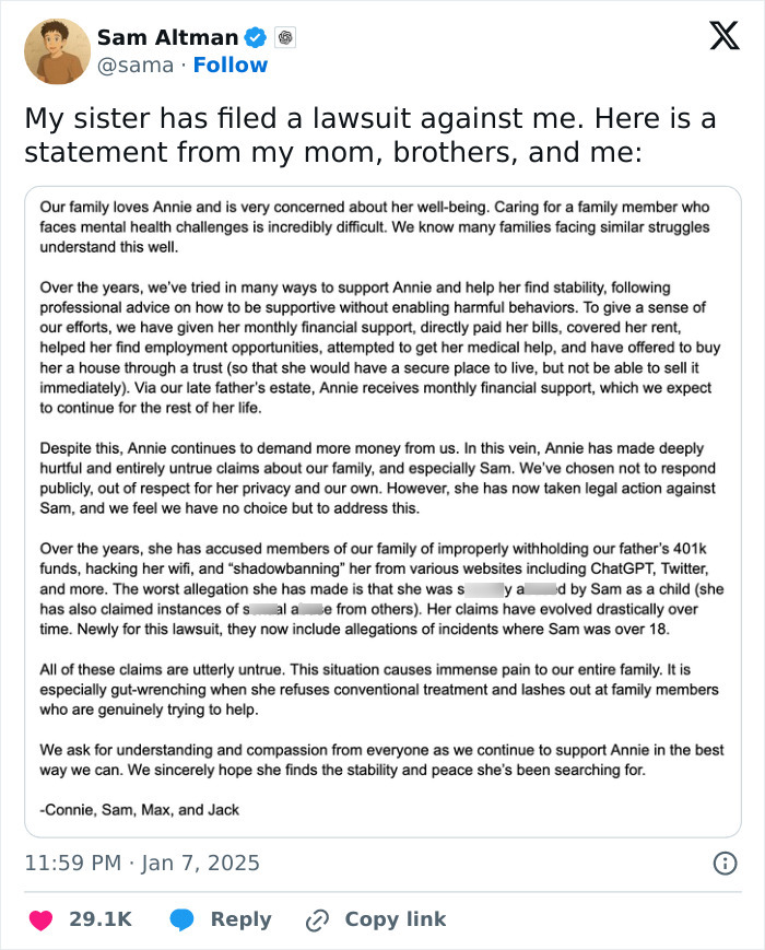 OpenAI CEO Sam Altman responds to refiled lawsuit with allegations from sister Annie in detailed family statement.