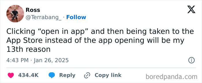 Tweet about frustration of app links redirecting to the App Store, a relatable meme about everyday digital annoyances.