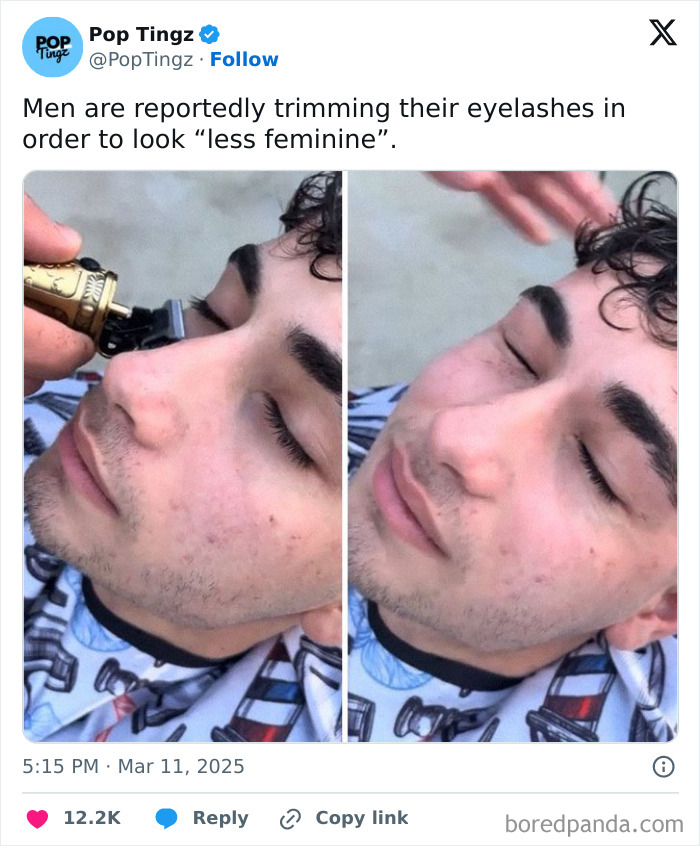 Man trimming his eyelashes to look less feminine, illustrating one of the depressing posts about living in the stupidest time in history.