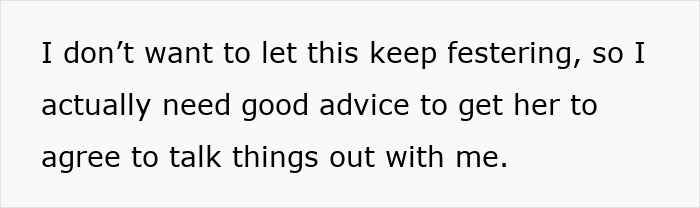 Text on a white background: "I don't want to let this keep festering, so I actually need good advice to get her to agree to talk things out with me." This relates to a man demanding a paternity test.