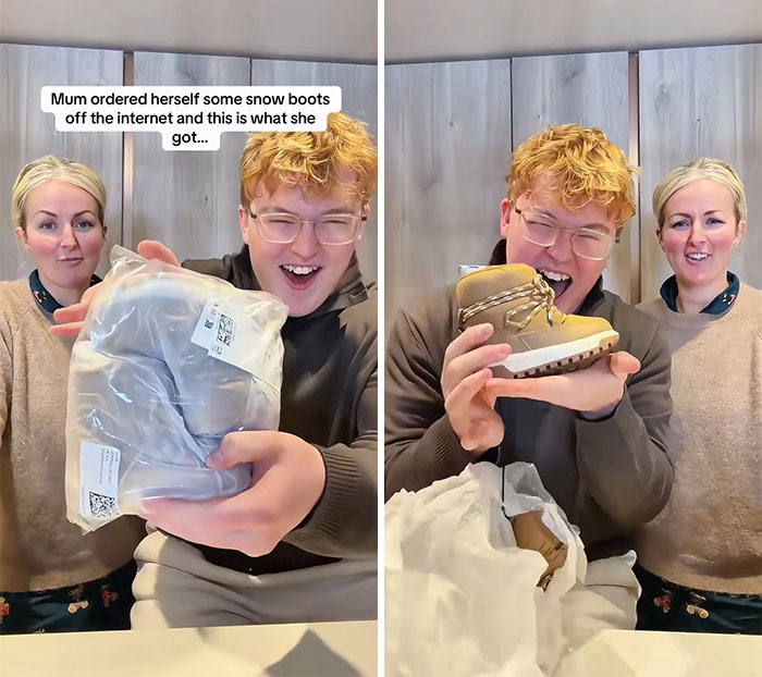 A young man unboxes shoes ordered from Temu, laughing at the unexpected size while a woman looks on amused.