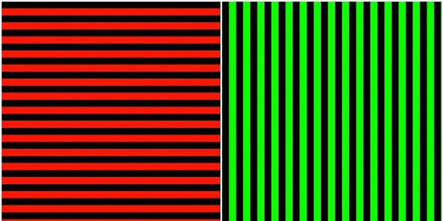 Red horizontal stripes and green vertical stripes on black backgrounds, creating an optical illusion effect.