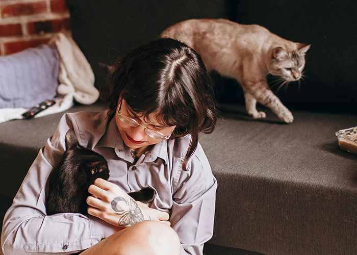 Person with glasses holding a black cat indoors, illustrating signs related to economy not doing well concept.