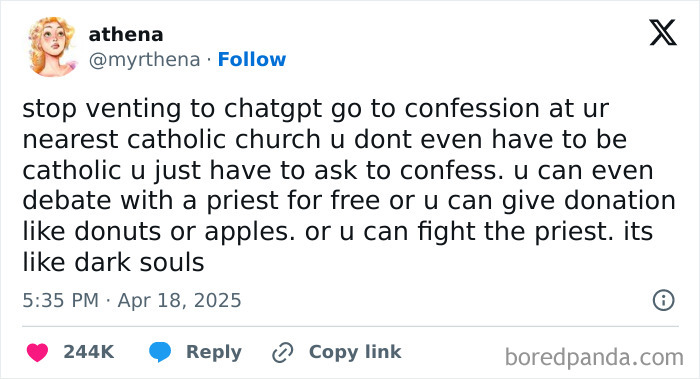 A tweet from @myrthena about venting to ChatGPT versus a Catholic church, offering funny, unhinged memes.