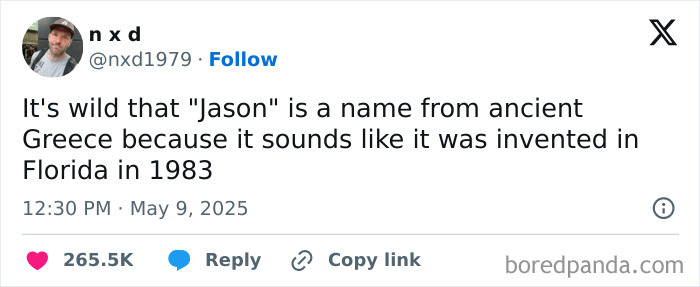 Tweet about the name Jason sounding out of place with 265.5K likes showcasing strangely specific and relatable humor.