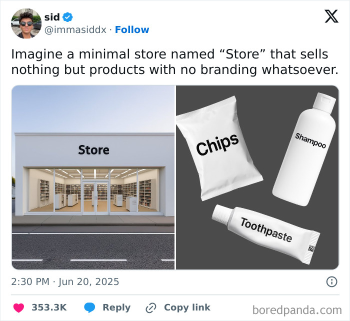 Tweet about a minimal store with unbranded products like chips, shampoo, and toothpaste in wild memes for a better day.
