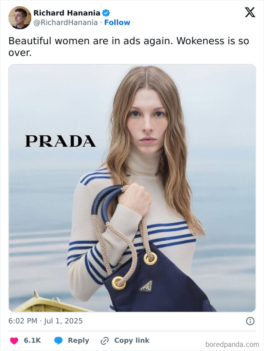 A Twitter post showing a Prada ad with a model, highlighting accidental LGBTQ+ allyship and cis discussions.