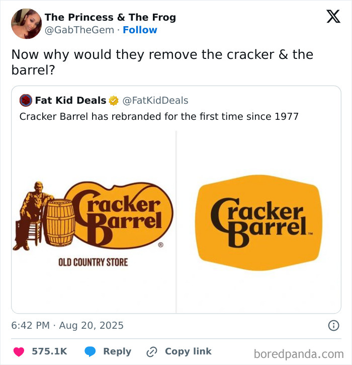 A tweet showing the old and new Cracker Barrel logos, prompting a question about the design change. Black Twitter discusses rebranding.