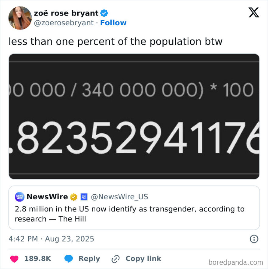 A tweet by Zoë Rose Bryant with a calculator showing 0.8235% and a NewsWire post stating 2.8 million US transgender individuals. This shows LGBTQ+ allyship.