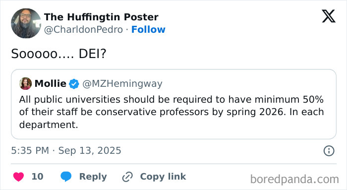 A tweet from The Huffingtin Poster, with a photo of a man with dreadlocks, asking "Sooooo.... DEI?". This Black Twitter tweet references Mollie's suggestion for 50% conservative university staff.