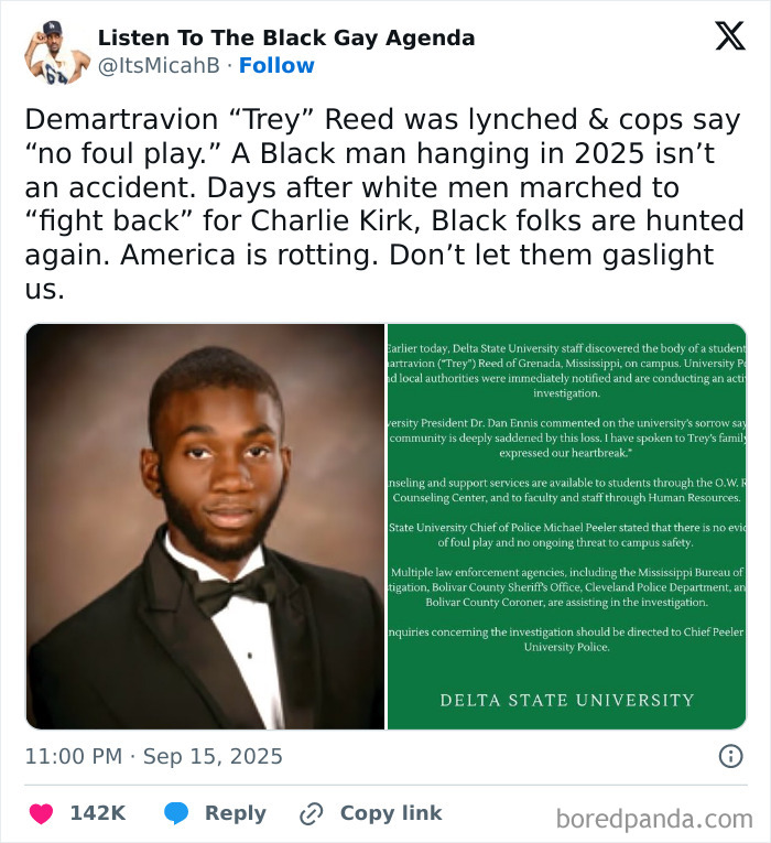 A tweet about the lynching of Demartravion "Trey" Reed with an image of him, an important Black Twitter moment.