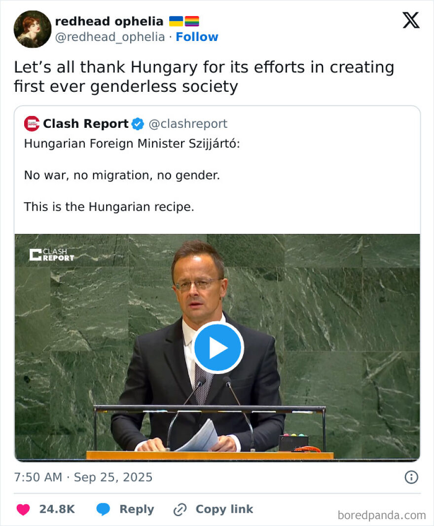 A Hungarian minister speaks at a podium; a tweet about accidental LGBTQ+ allyship, referencing no gender, accompanies the video.