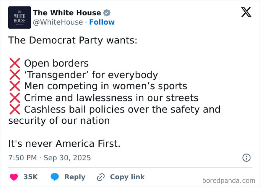 A tweet from The White House with a list of statements about The Democrat Party and LGBTQ+ allyship, each crossed out.