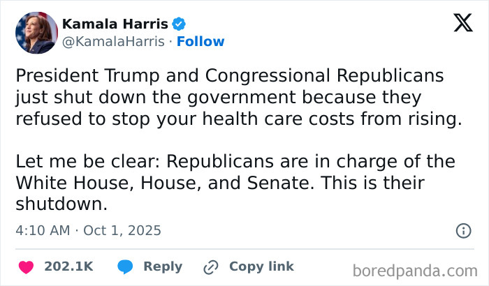 Kamala Harris tweet from Black Twitter about government shutdown and rising health care costs, dated Oct 1, 2025.