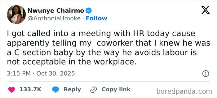 A tweet from Nwonye Chairmo about being called to HR for telling a coworker he was a C-section baby, showing Black Twitter humor.