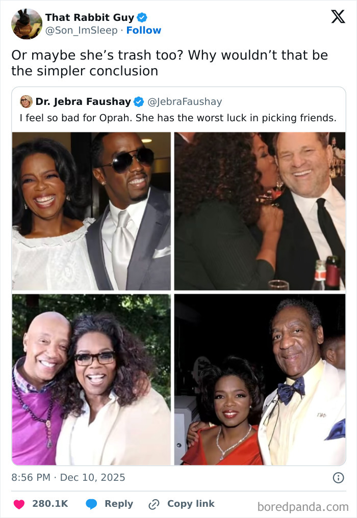 A tweet featuring Oprah Winfrey with Diddy, Harvey Weinstein, Russell Simmons, and Bill Cosby, sparking Black Twitter discussion.
