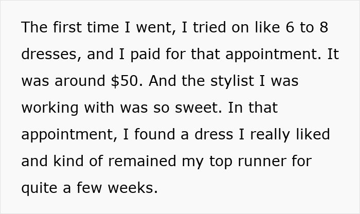 Text excerpt describing a woman&rsquo;s experience paying for a wedding dress appointment and finding a favorite dress.